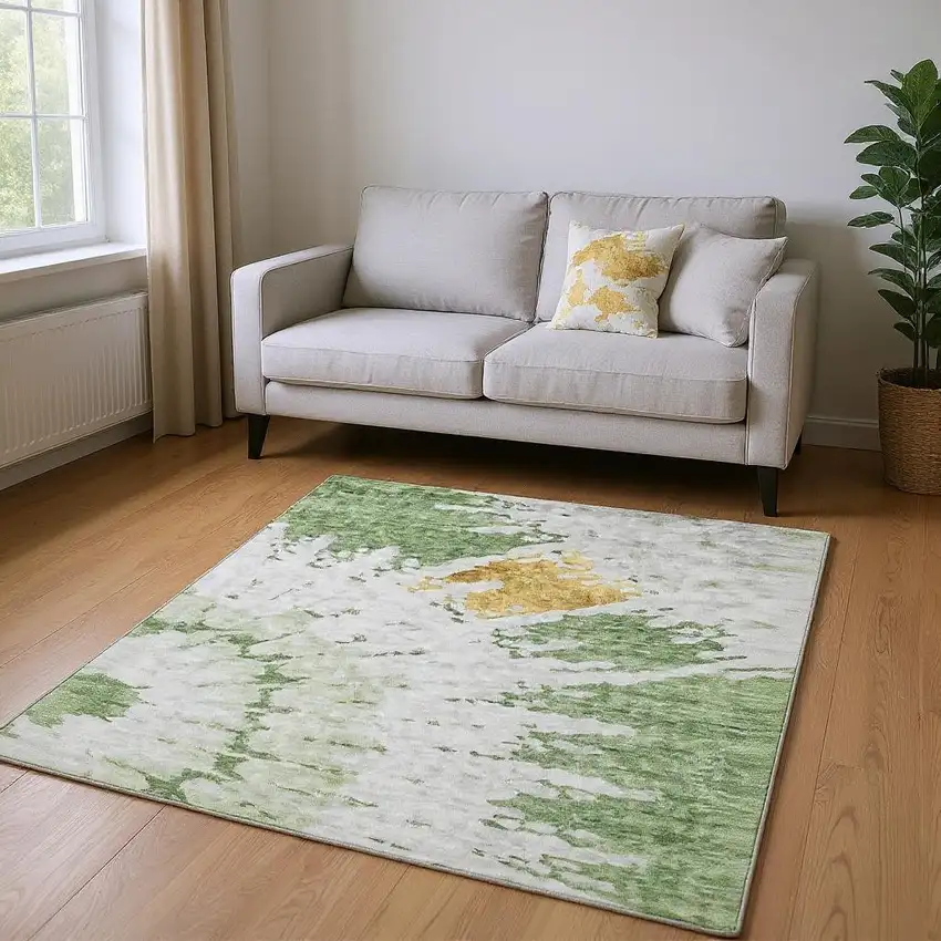 Artichoke Green Gold And Ivory Abstract Washable Area Rug With UV Protection Photo 2