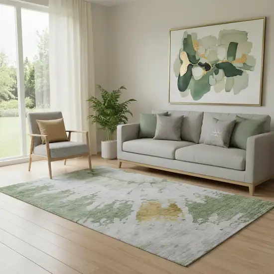 Artichoke Green Gold And Ivory Abstract Washable Area Rug With UV Protection Photo 1