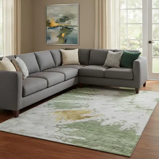 Artichoke Green Gold And Ivory Abstract Washable Area Rug With UV Protection Photo 1