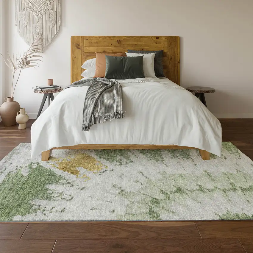 Artichoke Green Gold And Ivory Abstract Washable Area Rug With UV Protection Photo 4