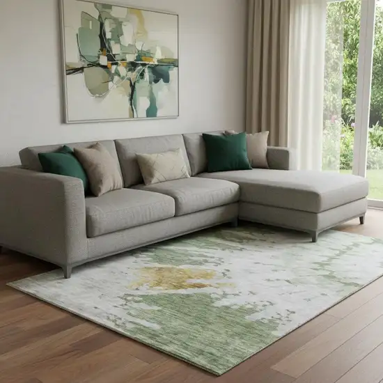 Artichoke Green Gold And Ivory Abstract Washable Area Rug With UV Protection Photo 1