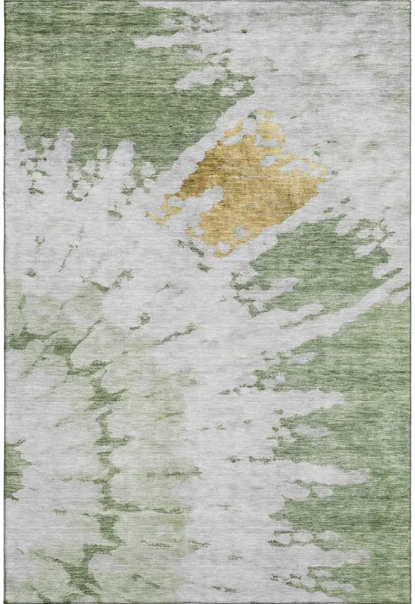 Artichoke Green Gold And Ivory Abstract Washable Area Rug With UV Protection Photo 1