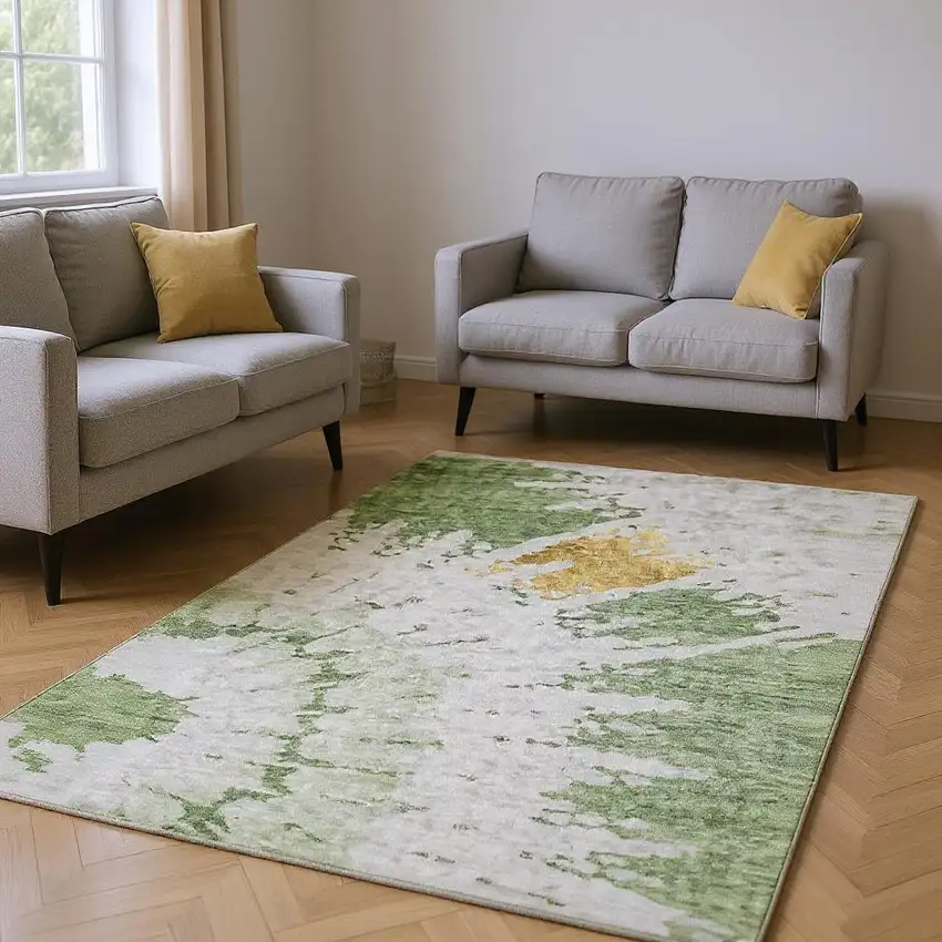 Artichoke Green Gold And Ivory Abstract Washable Area Rug With UV Protection Photo 2