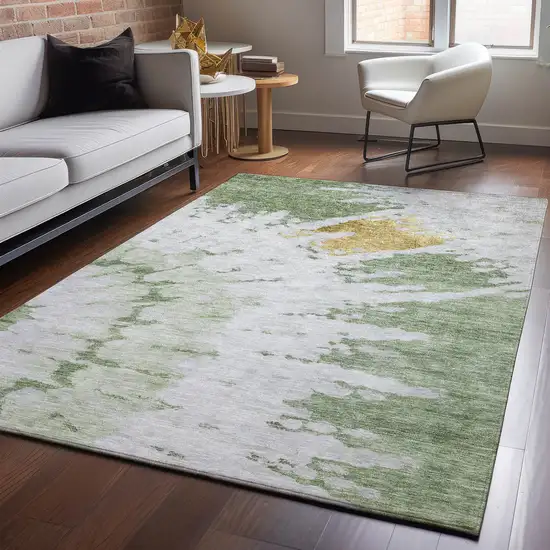Artichoke Green Gold And Ivory Abstract Washable Area Rug With UV Protection Photo 4