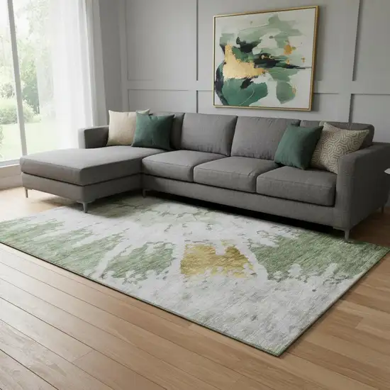 Artichoke Green Gold And Ivory Abstract Washable Area Rug With UV Protection Photo 1