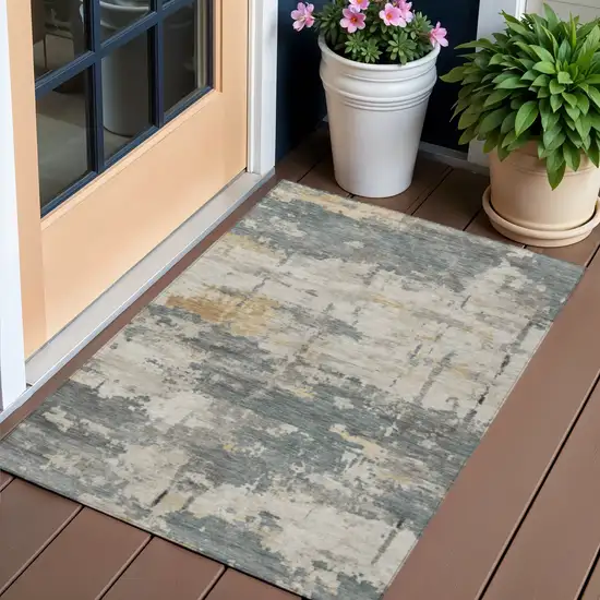 Artichoke Green Gold And Ivory Abstract Washable Indoor Outdoor Area Rug Photo 1