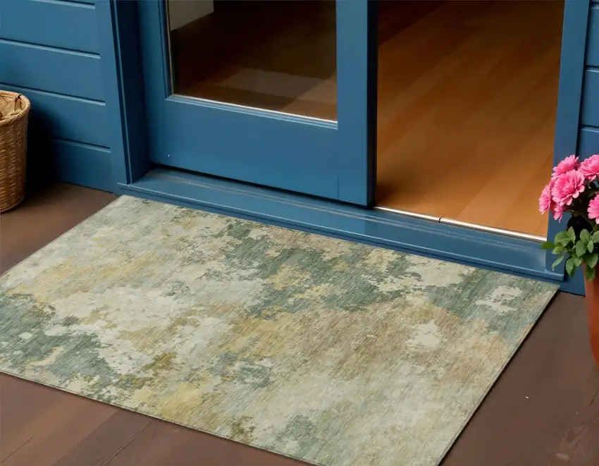 Artichoke Green Gold And Ivory Abstract Washable Indoor Outdoor Area Rug Photo 1