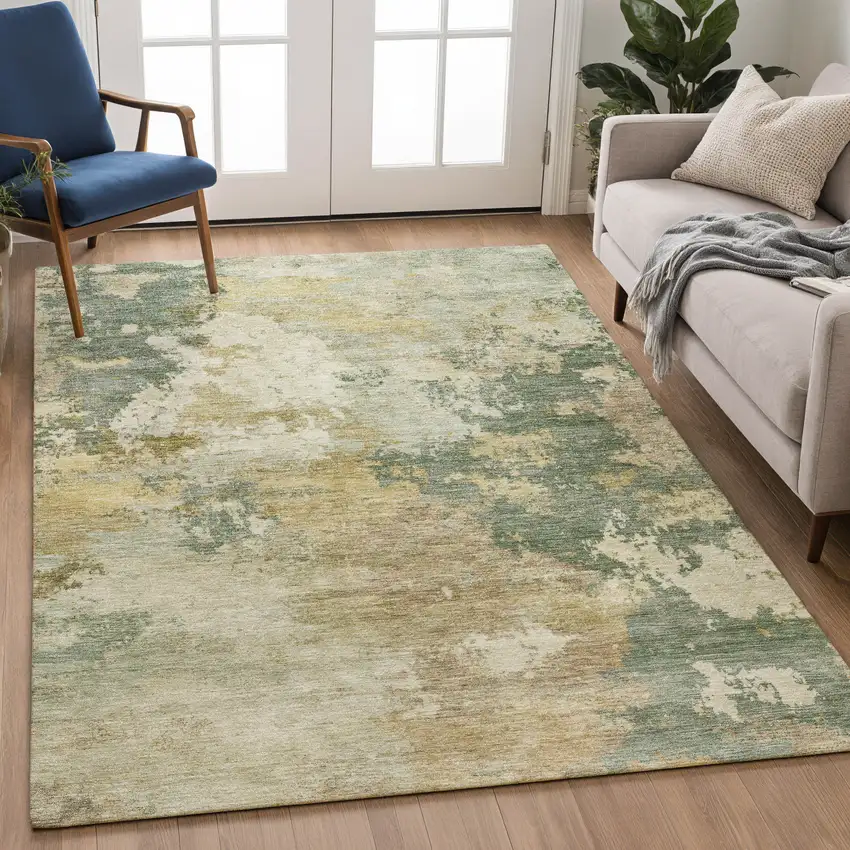 Artichoke Green Gold And Ivory Abstract Washable Indoor Outdoor Area Rug Photo 5