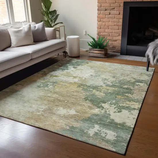 Artichoke Green Gold And Ivory Abstract Washable Indoor Outdoor Area Rug Photo 6