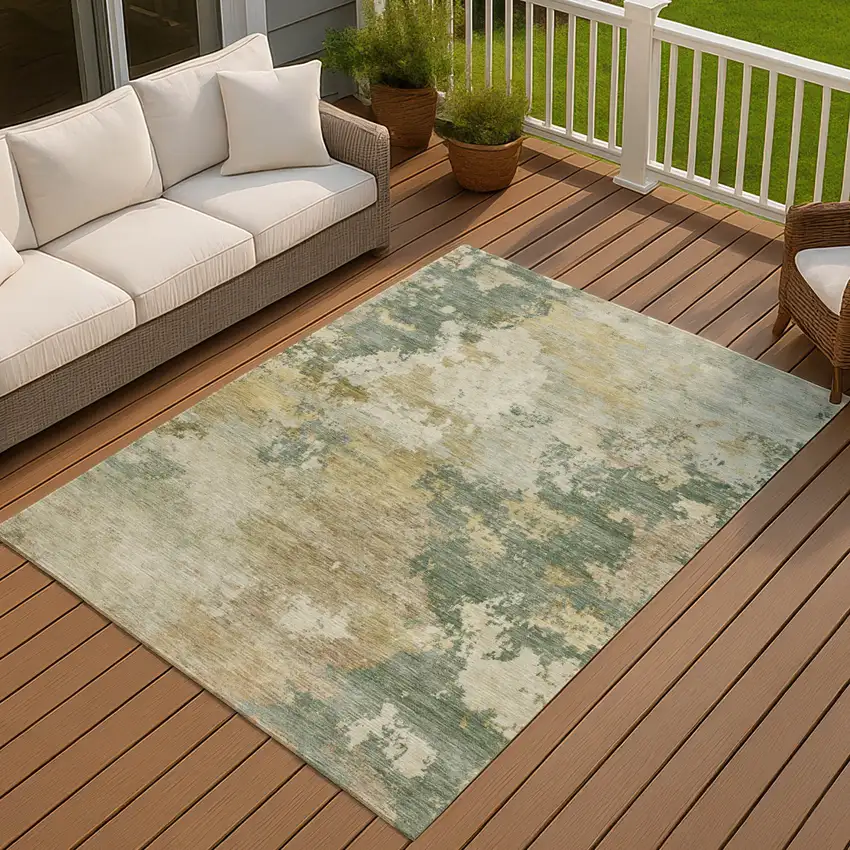 Artichoke Green Gold And Ivory Abstract Washable Indoor Outdoor Area Rug Photo 4