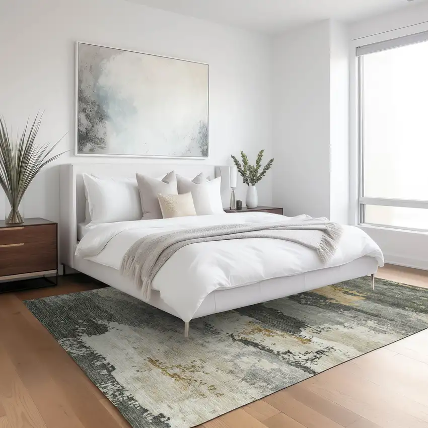 Artichoke Green Gold And Ivory Abstract Washable Indoor Outdoor Area Rug Photo 6