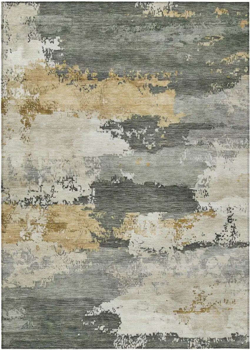 Artichoke Green Gold And Ivory Abstract Washable Indoor Outdoor Area Rug Photo 1