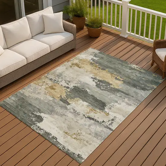 Artichoke Green Gold And Ivory Abstract Washable Indoor Outdoor Area Rug Photo 4
