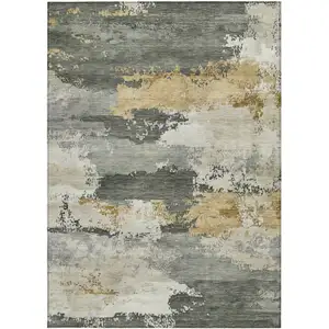 Photo of Artichoke Green Gold And Ivory Abstract Washable Indoor Outdoor Area Rug