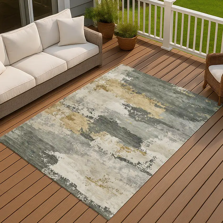 Artichoke Green Gold And Ivory Abstract Washable Indoor Outdoor Area Rug Photo 4