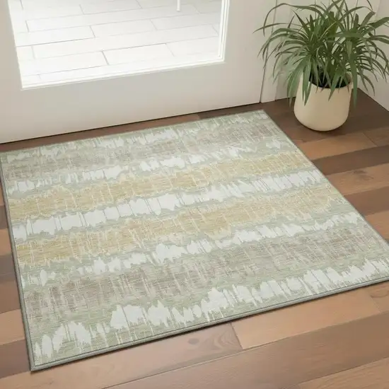 Artichoke Green Gold And Ivory Striped Washable Area Rug With UV Protection Photo 2