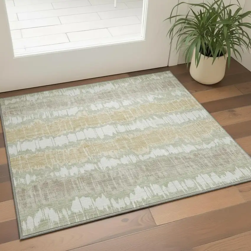Artichoke Green Gold And Ivory Striped Washable Area Rug With UV Protection Photo 2