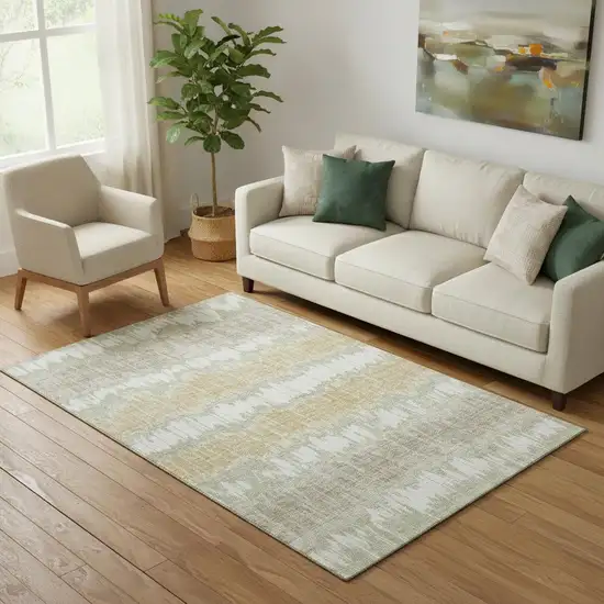 Artichoke Green Gold And Ivory Striped Washable Area Rug With UV Protection Photo 1