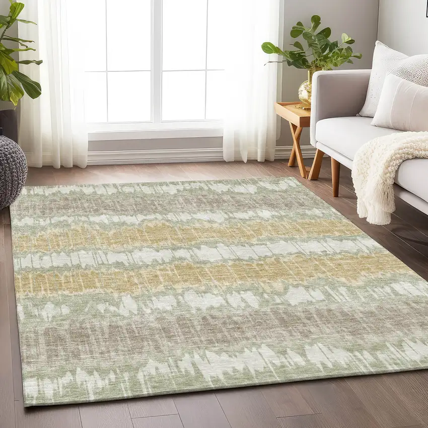 Artichoke Green Gold And Ivory Striped Washable Area Rug With UV Protection Photo 5
