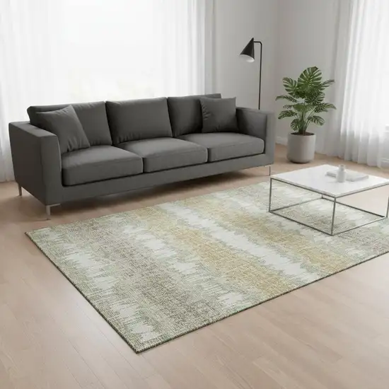 Artichoke Green Gold And Ivory Striped Washable Area Rug With UV Protection Photo 2