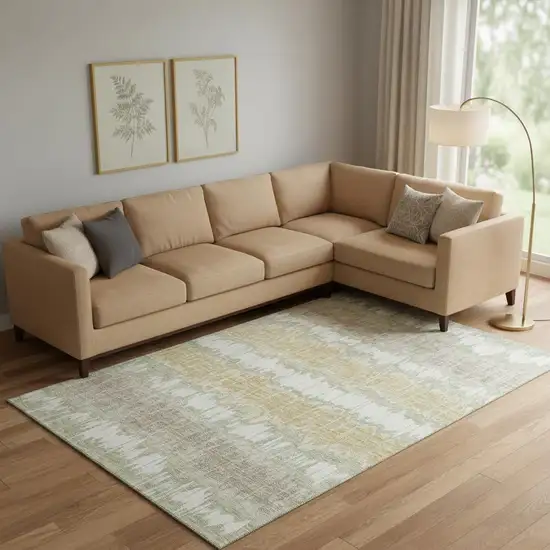 Artichoke Green Gold And Ivory Striped Washable Area Rug With UV Protection Photo 1