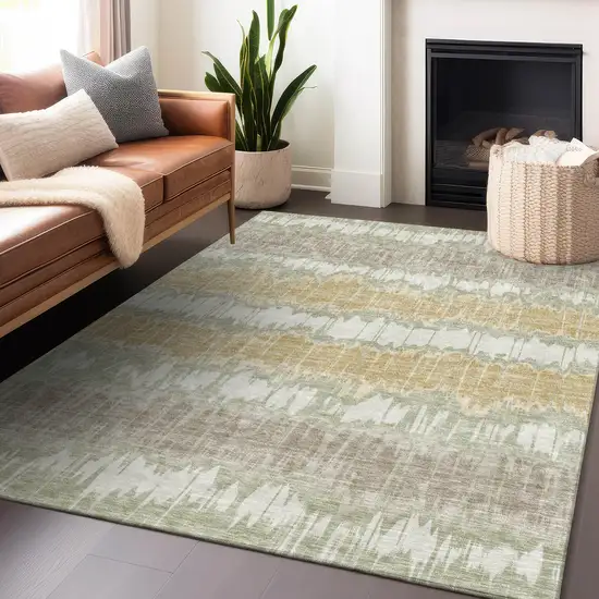 Artichoke Green Gold And Ivory Striped Washable Area Rug With UV Protection Photo 6