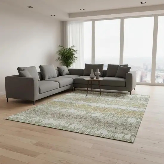 Artichoke Green Gold And Ivory Striped Washable Area Rug With UV Protection Photo 2