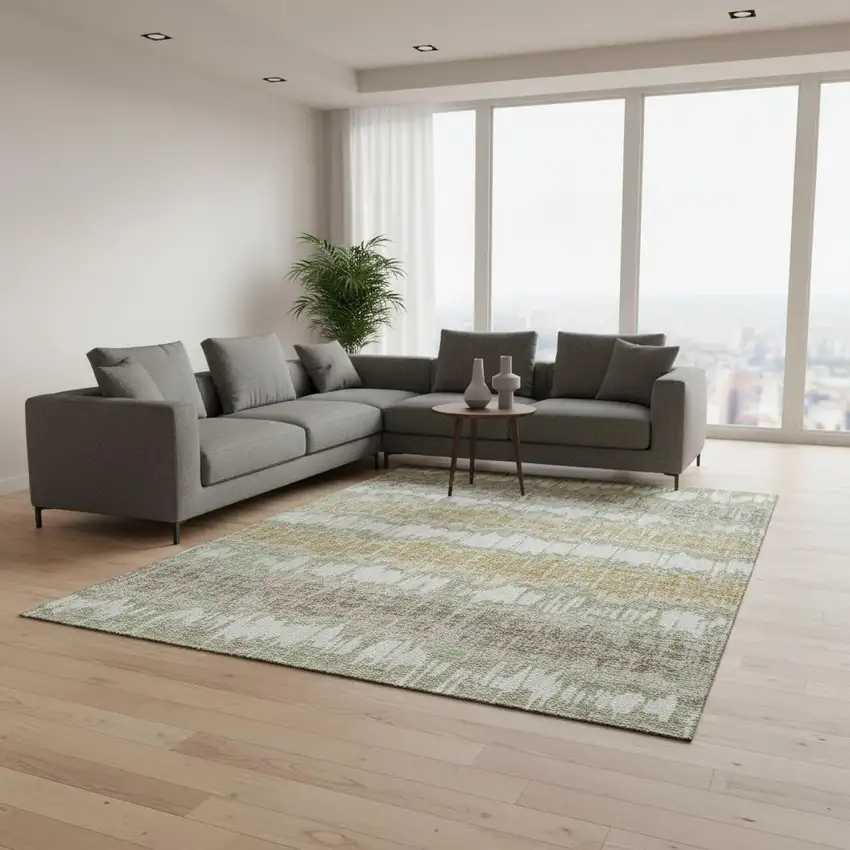 Artichoke Green Gold And Ivory Striped Washable Area Rug With UV Protection Photo 2