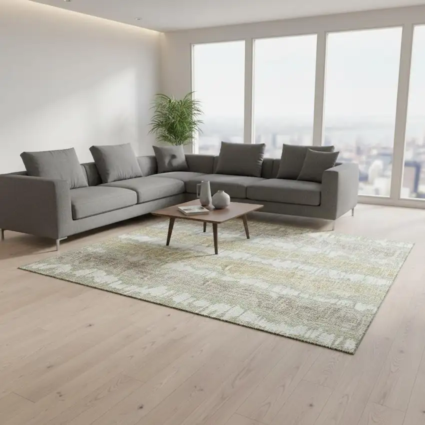 Artichoke Green Gold And Ivory Striped Washable Area Rug With UV Protection Photo 2