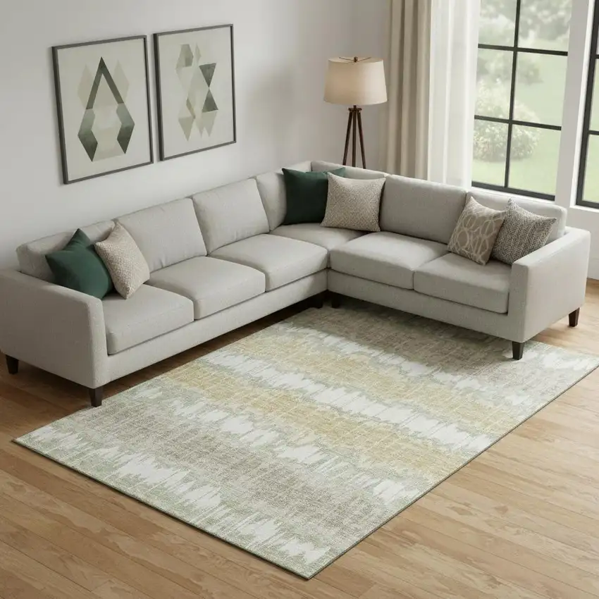 Artichoke Green Gold And Ivory Striped Washable Area Rug With UV Protection Photo 1