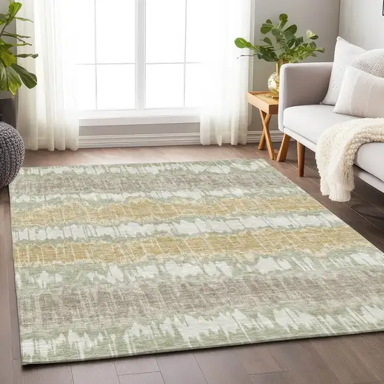 Artichoke Green Gold And Ivory Striped Washable Area Rug With UV Protection Photo 5