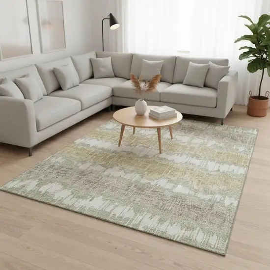 Artichoke Green Gold And Ivory Striped Washable Area Rug With UV Protection Photo 2