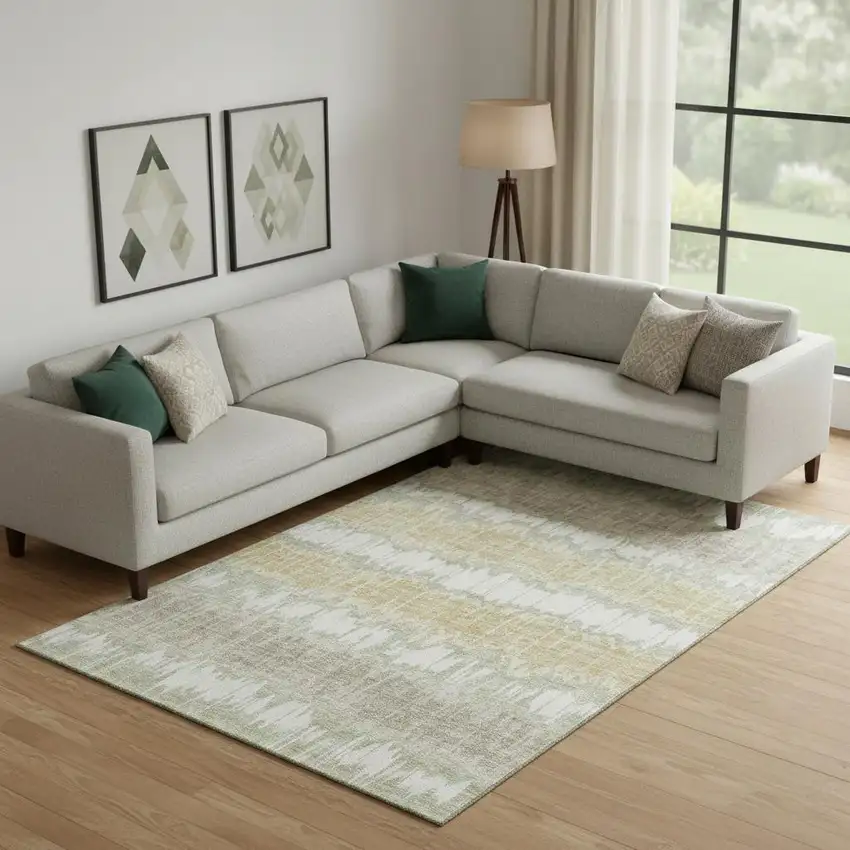 Artichoke Green Gold And Ivory Striped Washable Area Rug With UV Protection Photo 1