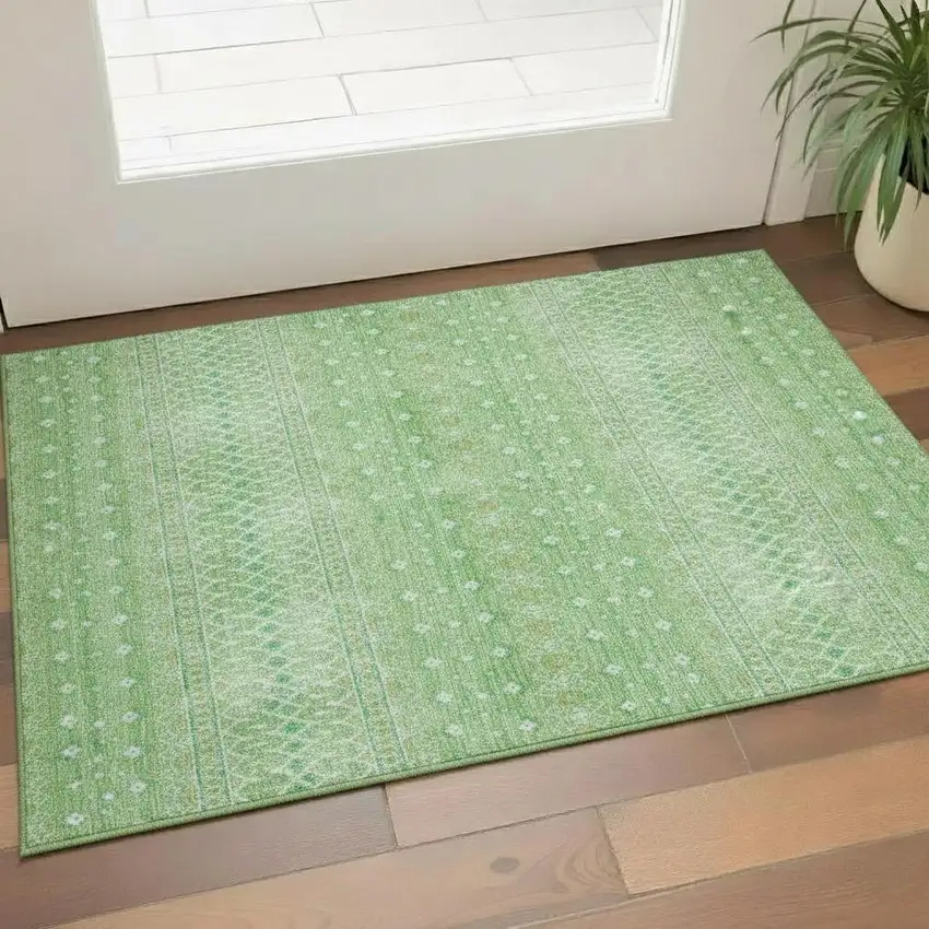 Artichoke Green Gold And Ivory Tribal Washable Area Rug With UV Protection Photo 1