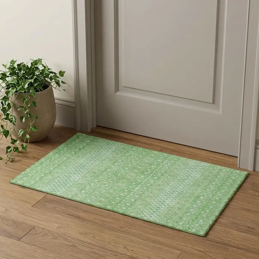 Artichoke Green Gold And Ivory Tribal Washable Area Rug With UV Protection Photo 1