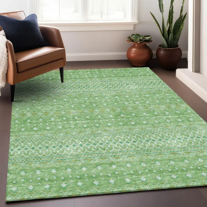 Artichoke Green Gold And Ivory Tribal Washable Area Rug With UV Protection Photo 4