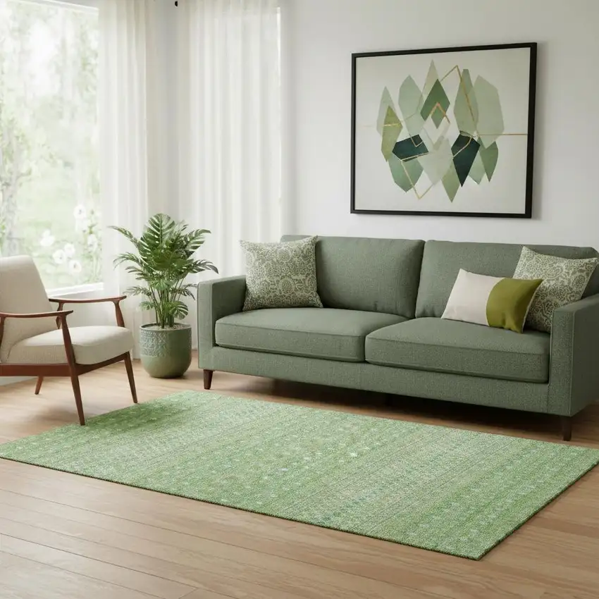 Artichoke Green Gold And Ivory Tribal Washable Area Rug With UV Protection Photo 1