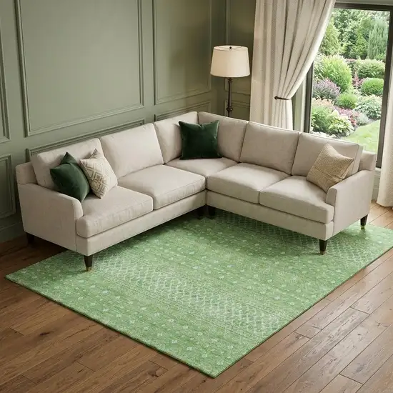 Artichoke Green Gold And Ivory Tribal Washable Area Rug With UV Protection Photo 1