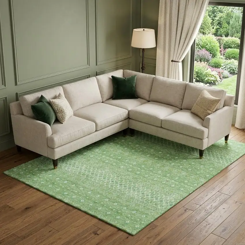 Artichoke Green Gold And Ivory Tribal Washable Area Rug With UV Protection Photo 1