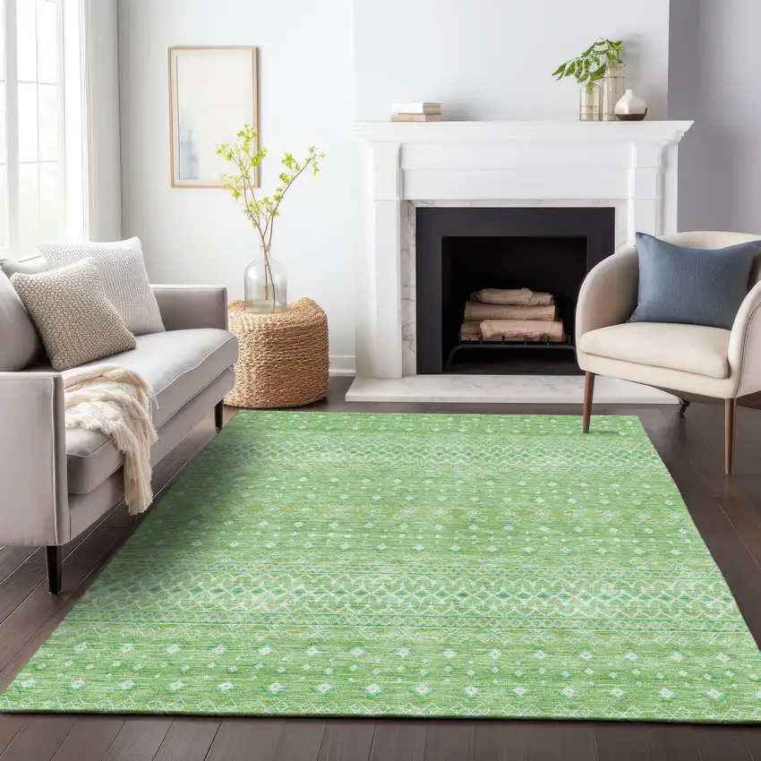 Artichoke Green Gold And Ivory Tribal Washable Area Rug With UV Protection Photo 5