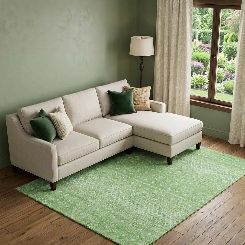 Artichoke Green Gold And Ivory Tribal Washable Area Rug With UV Protection Photo 1