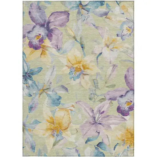 Artichoke Green Gold And Lavender Floral Washable Indoor Outdoor Area Rug Photo 5