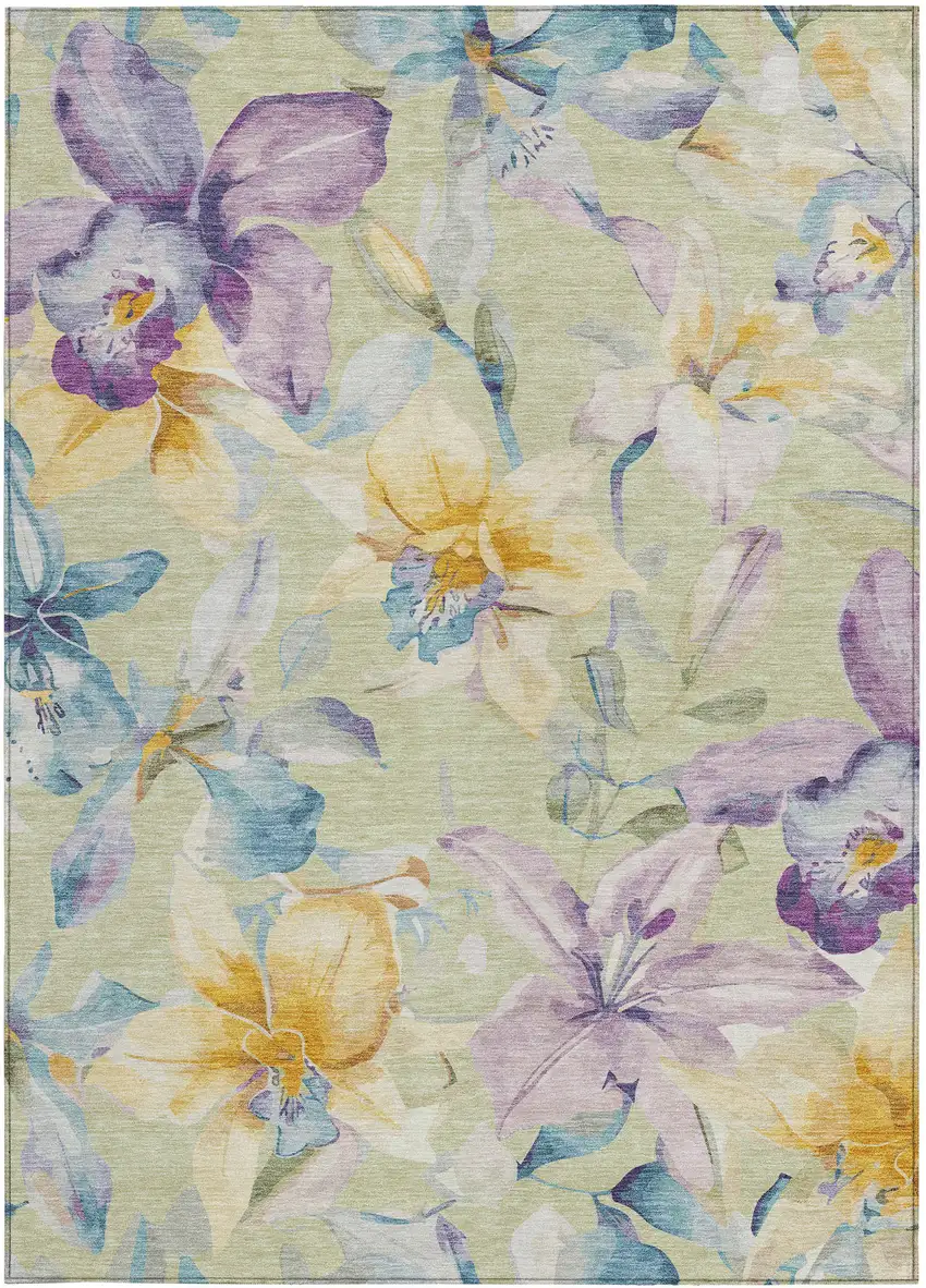 Artichoke Green Gold And Lavender Floral Washable Indoor Outdoor Area Rug Photo 5