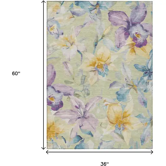 Artichoke Green Gold And Lavender Floral Washable Indoor Outdoor Area Rug Photo 3