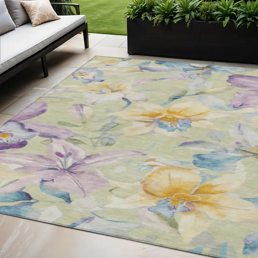 Artichoke Green Gold And Lavender Floral Washable Indoor Outdoor Area Rug Photo 1