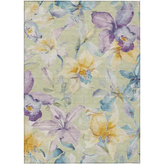 Artichoke Green Gold And Lavender Floral Washable Indoor Outdoor Area Rug Photo 2
