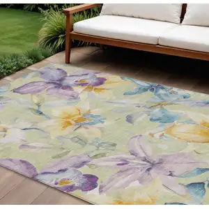Photo of Artichoke Green Gold And Lavender Floral Washable Indoor Outdoor Area Rug