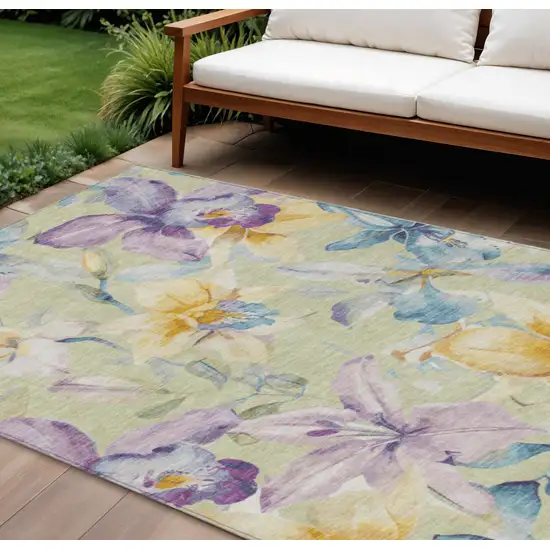 Artichoke Green Gold And Lavender Floral Washable Indoor Outdoor Area Rug Photo 1