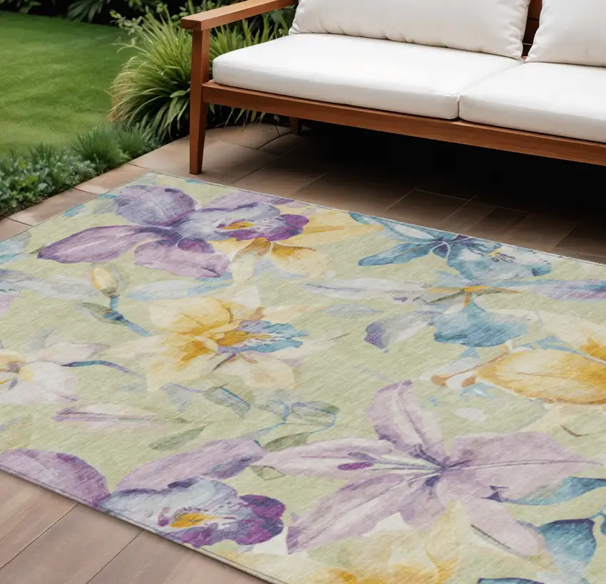Artichoke Green Gold And Lavender Floral Washable Indoor Outdoor Area Rug Photo 1