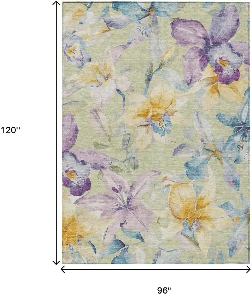 Artichoke Green Gold And Lavender Floral Washable Indoor Outdoor Area Rug Photo 3